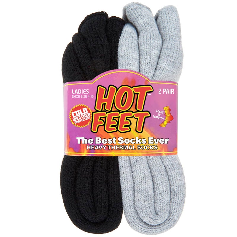 HOT FEET جوارب حرارية للنساء للأجواء الباردة - جوارب سميكة دافئة للتنزه في الشتاء، مقاسات النساء 4-10.5، عبوة 2، رمادي صلب/أسود صلب - Image 1
