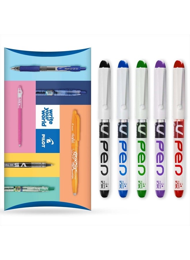 PILOT V Pen Disposable Erasable Fountain Pens 0.6mm Tip Medium Line Pack of 5 Black, Blue, Red, Green and Purple - Image 1