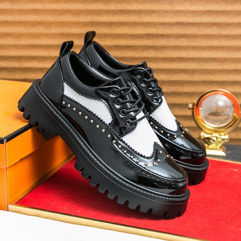 Large Size 2025 Formal Casual Shoes Rivet Personalized Barber Leather Shoes Thick Sole Heightening Black And White Fashion Men'S Shoes - Image 3