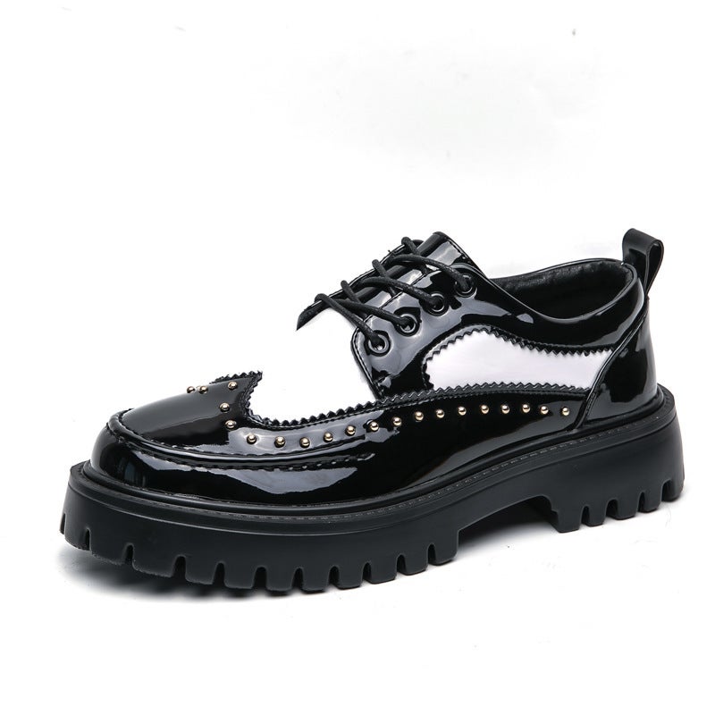Large Size 2025 Formal Casual Shoes Rivet Personalized Barber Leather Shoes Thick Sole Heightening Black And White Fashion Men'S Shoes - Image 1