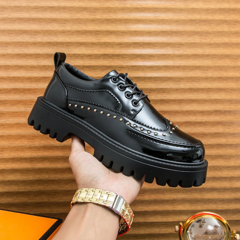 Large Size 2025 Formal Casual Shoes Rivet Personalized Barber Leather Shoes Thick Sole Heightening Black And White Fashion Men'S Shoes - Image 4