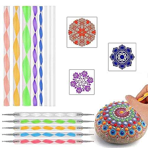eS³kube 13 Pcs Set of Mandala Rock Dotting Tools Nail Art Painting Tools Set, includes 5 Pieces Multi Color Stylus Pens and 8 Sizes Flat Head Multi Color Acrylic Dotting Rods for DIY - Image 1