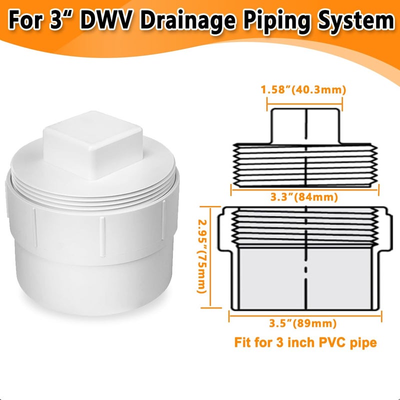 Cinsda 3" PVC Sewer Cleanout Cap, DWV Sewer Cleanout Cap Adapter with Plug for Drainage Pipe Fitting - Image 2