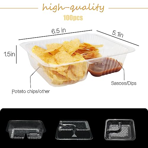 AHKUNMT 100 PC Nacho Trays Disposable, 12oz Plastic Nacho Containers with Chip and Dip Holder, 6x5 In 2 Compartments Clear Snack Trays for Kids,Parties, Movie Night Supplies (Plastic-100pc) - Image 2