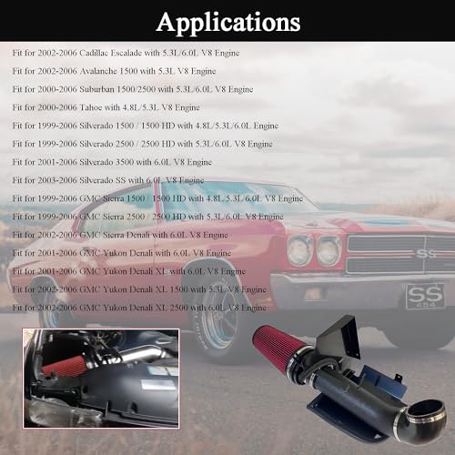 LLANNDER 4" Cold Air Intake System + Heat Shield For 99-06 GMC/Chevy V8 4.8L/5.3L/6.0L / Silverado 1500/2500/3500 (Red) - Image 5