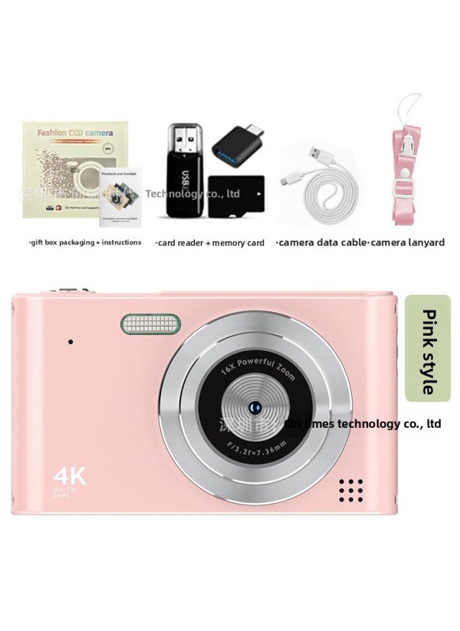Generic - High-definition Digital Camera CCD Student Party Campus Card Machine Photo Video Retro Travel Gift-Color:H15 Pink (hd Large Screen) + 64g Memory Card + Card Reader + Android Otg Adapter - Image 1