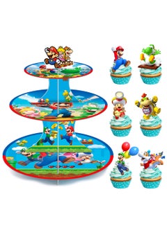 FRUITFUL PARTY Super Mario Cupcake Stand, Super Mario Birthday Decorations 3-Tier Super Mario Bros Cupcake Stand with 12pcs Mario Cupcake Toppers for Super Mario Birthday Party Supplies for Boys Kids  - Image 1