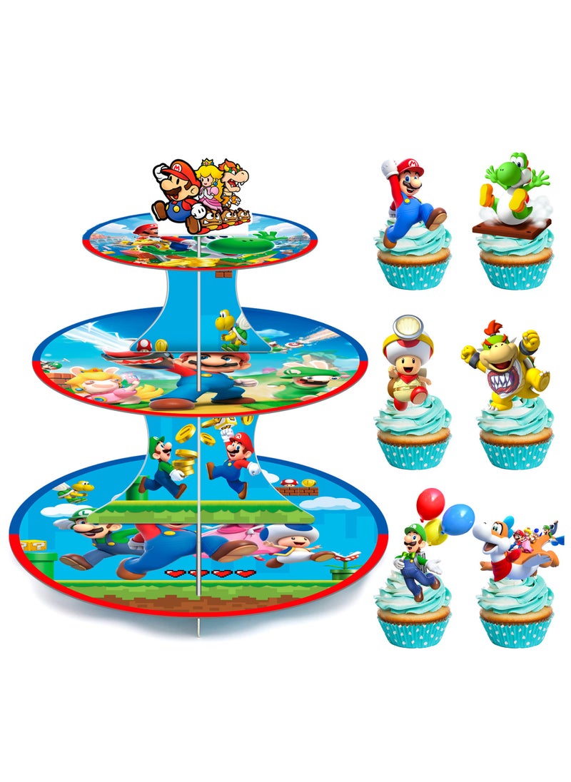 FRUITFUL PARTY Super Mario Cupcake Stand, Super Mario Birthday Decorations 3-Tier Super Mario Bros Cupcake Stand with 12pcs Mario Cupcake Toppers for Super Mario Birthday Party Supplies for Boys Kids  - Image 1