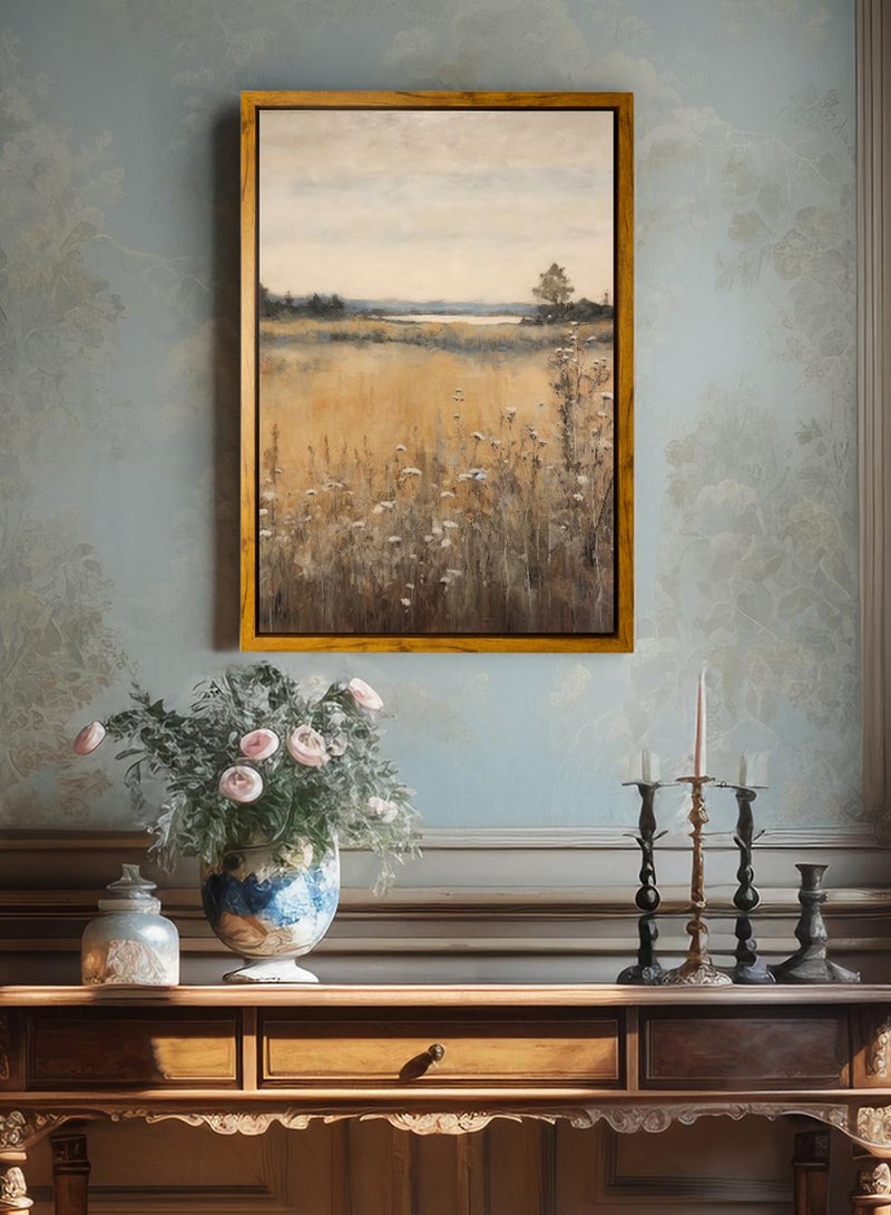 LOWHA Canvas Wall Art Stretched Over Wooden Frame with Wooden Color Floating Frame and Vintage Style Flowers and Planet View Painting - Image 1