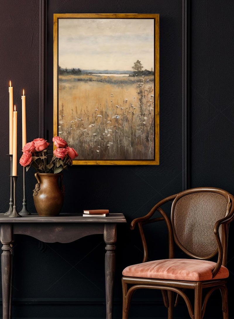 LOWHA Canvas Wall Art Stretched Over Wooden Frame with Wooden Color Floating Frame and Vintage Style Flowers and Planet View Painting - Image 4