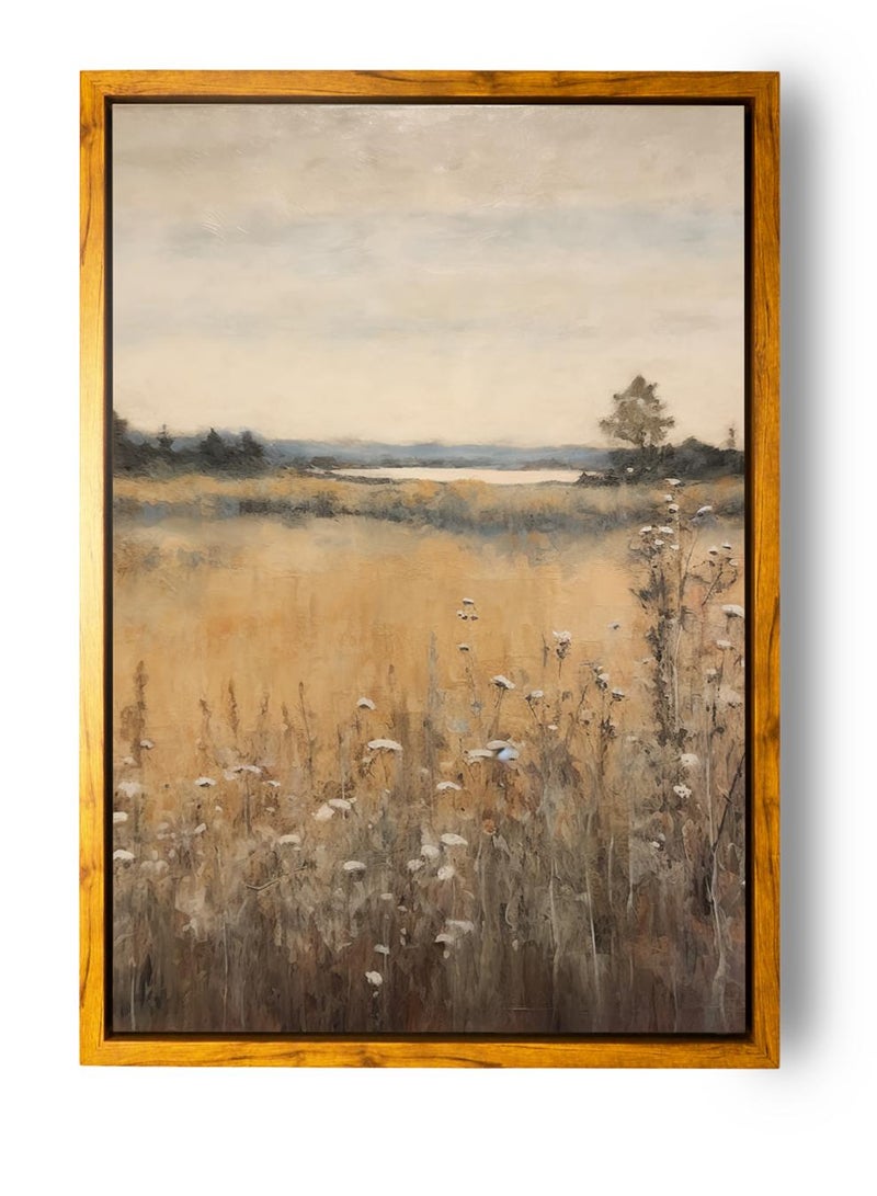 LOWHA Canvas Wall Art Stretched Over Wooden Frame with Wooden Color Floating Frame and Vintage Style Flowers and Planet View Painting - Image 5