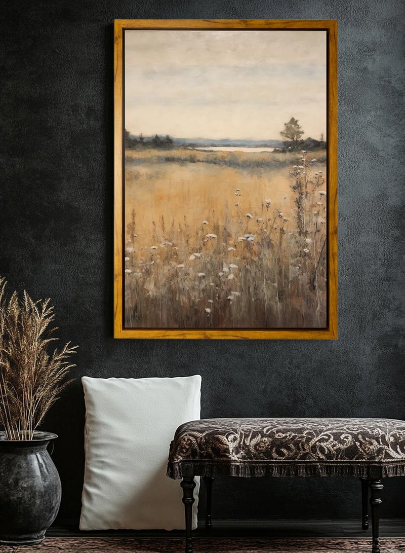 LOWHA Canvas Wall Art Stretched Over Wooden Frame with Wooden Color Floating Frame and Vintage Style Flowers and Planet View Painting - Image 3