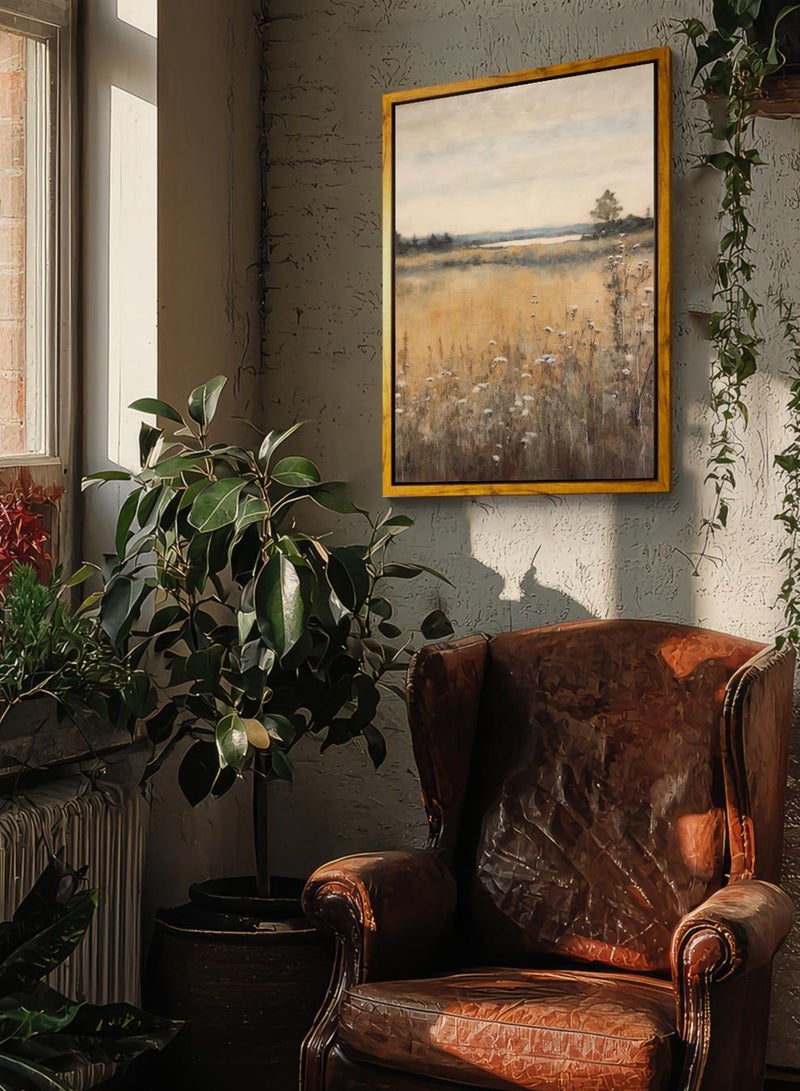 LOWHA Canvas Wall Art Stretched Over Wooden Frame with Wooden Color Floating Frame and Vintage Style Flowers and Planet View Painting - Image 2