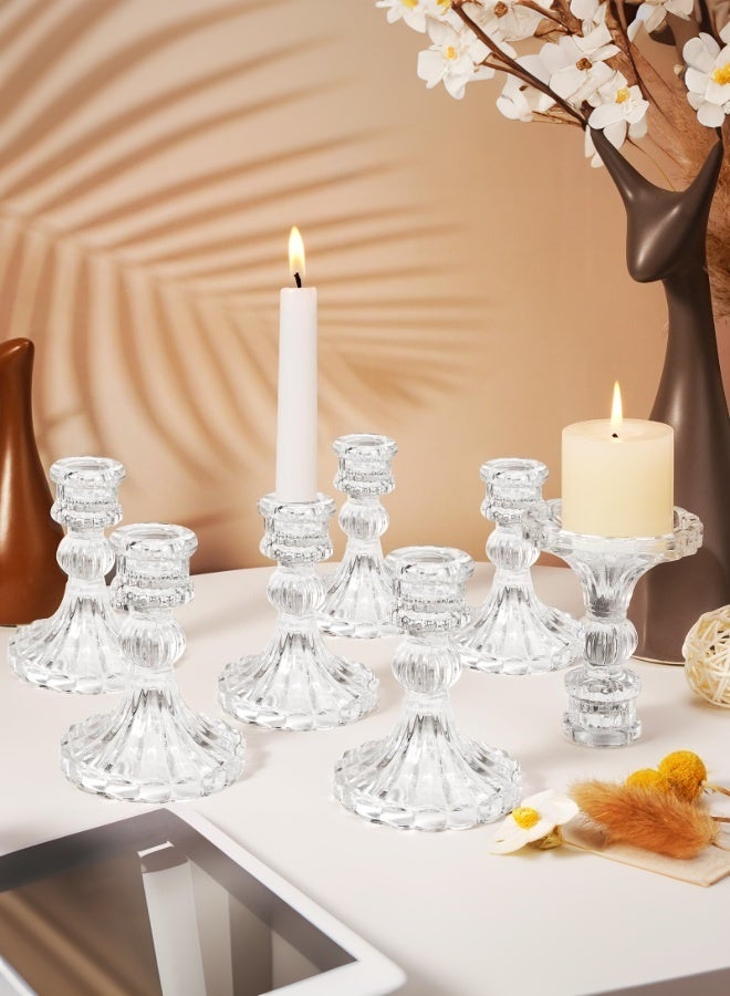 WALALLA Set of 6 Clear Glass Taper Candlestick Holders, Decorative Candle Stand Centerpiece for Wedding, Christmas, Anniversary Party Table & Home Decor - Image 1