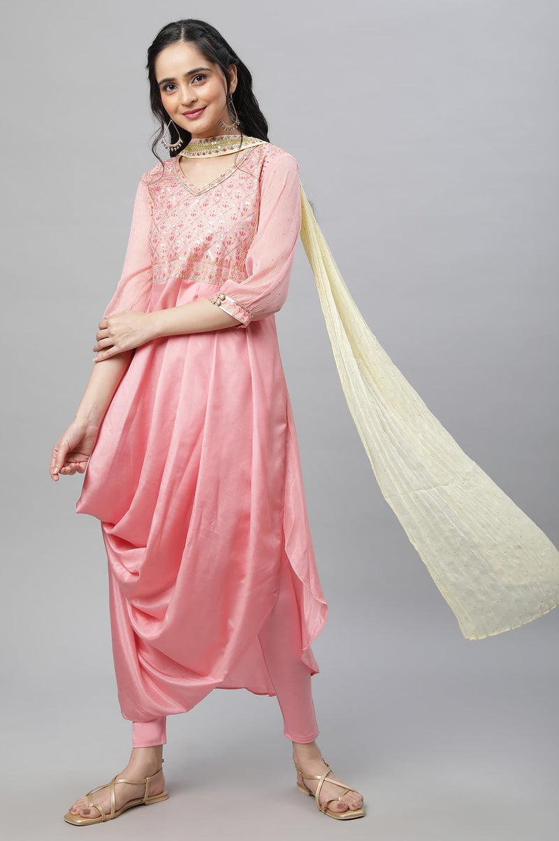 Aurelia Pink Floral Printed Foil Sequin Kurta Dupatta Bottomwear - Image 5