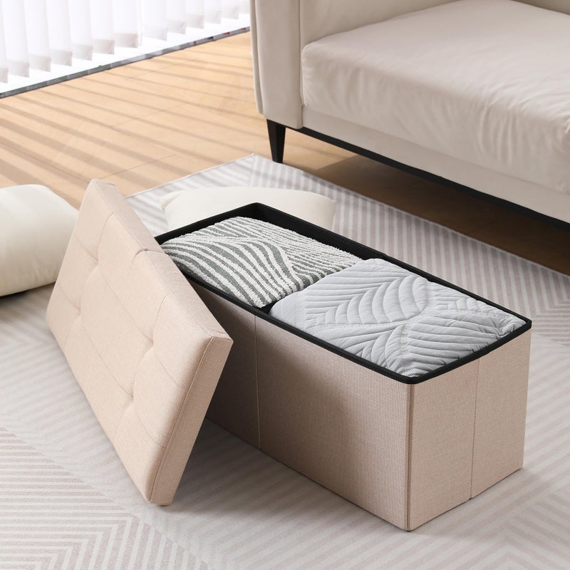 CUYOCA Storage Ottoman Bench Foldable Seat Footrest Shoe Bench End of Bed Storage with Flipping Lid, 75L Storage Space, 30 inches Linen Fabric Sandy Beige - Image 5