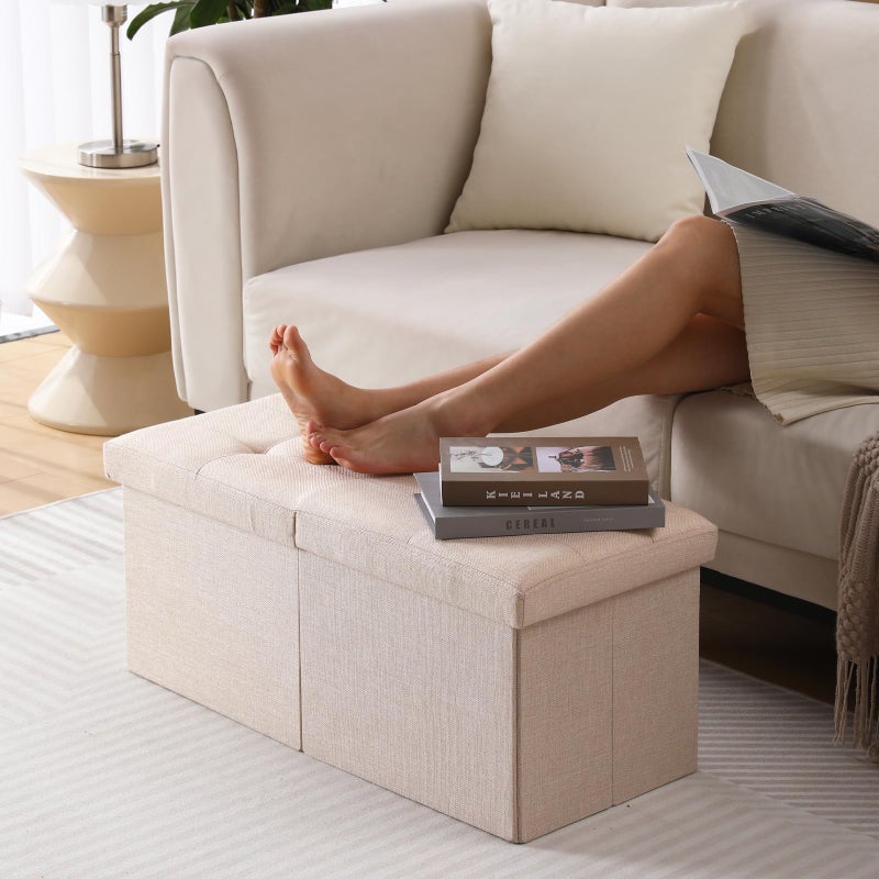 CUYOCA Storage Ottoman Bench Foldable Seat Footrest Shoe Bench End of Bed Storage with Flipping Lid, 75L Storage Space, 30 inches Linen Fabric Sandy Beige - Image 3