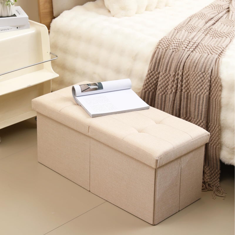 CUYOCA Storage Ottoman Bench Foldable Seat Footrest Shoe Bench End of Bed Storage with Flipping Lid, 75L Storage Space, 30 inches Linen Fabric Sandy Beige - Image 2