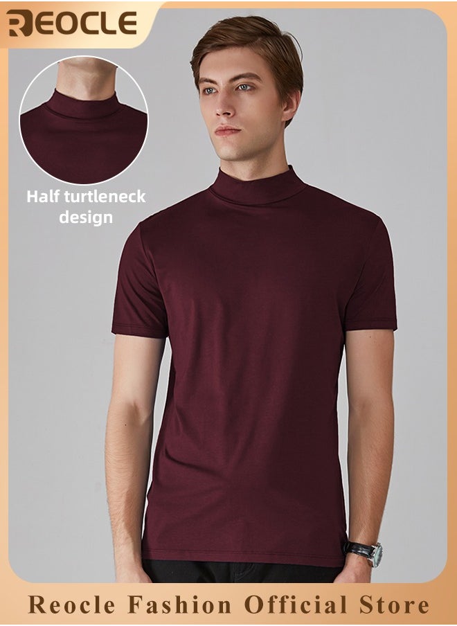 REOCLE Men's T Shirt Short Sleeve Basic Turtleneck Slim Fit Undershirt Pullover Solid Tops Thin Lightweight Tees Sport Shirt  - Image 1