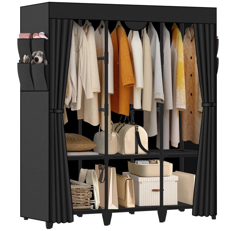 Jofuler Wardrobe Closet, Quick and Easy Assembly, Black Large Capacity Portable Closet with 3 Hanging Rods 6 Storage Shelves and 8 Side Pockets, Clothes Rack with Cover, for Bedroom and Living Room - Image 1