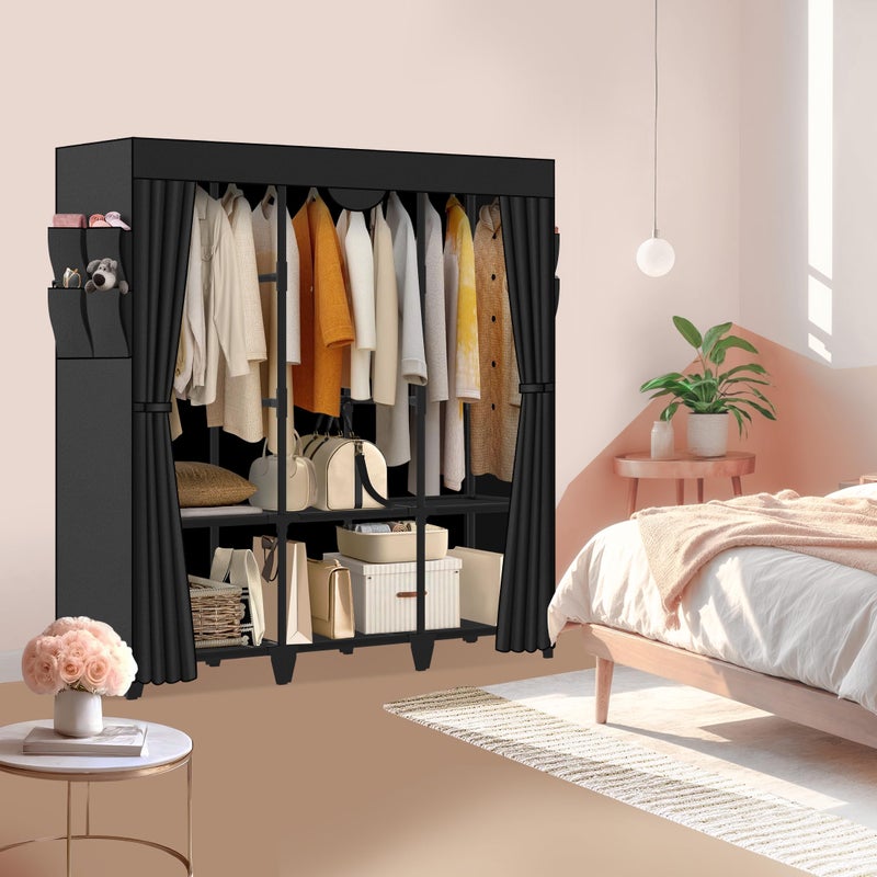 Jofuler Wardrobe Closet, Quick and Easy Assembly, Black Large Capacity Portable Closet with 3 Hanging Rods 6 Storage Shelves and 8 Side Pockets, Clothes Rack with Cover, for Bedroom and Living Room - Image 2