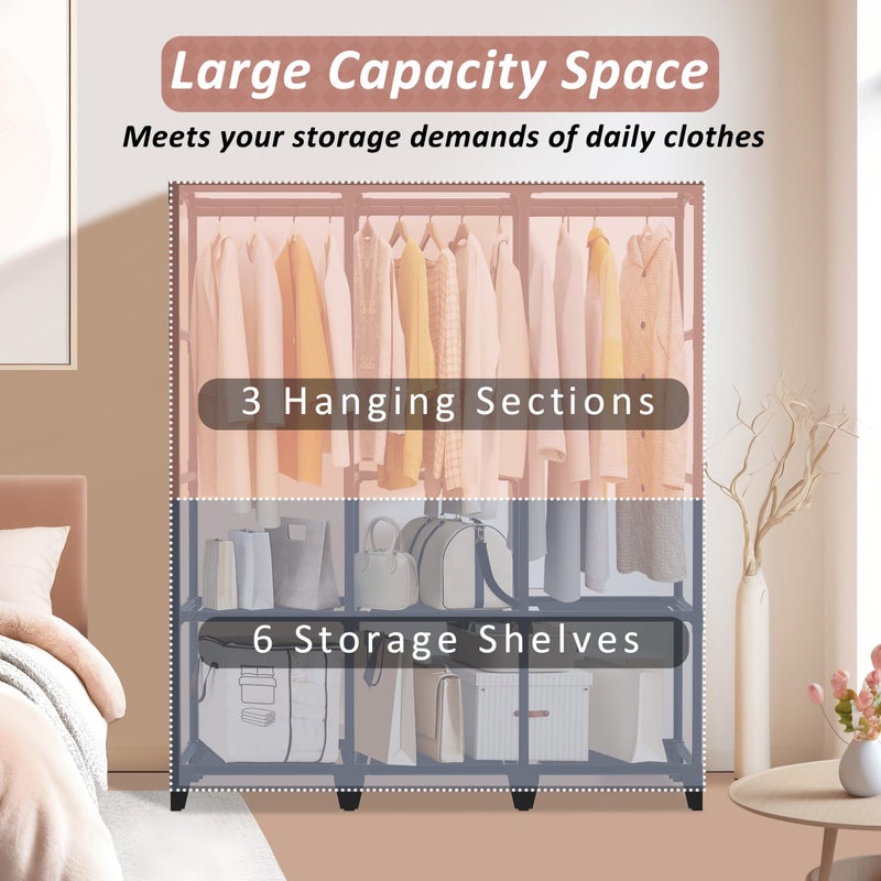 Jofuler Wardrobe Closet, Quick and Easy Assembly, Black Large Capacity Portable Closet with 3 Hanging Rods 6 Storage Shelves and 8 Side Pockets, Clothes Rack with Cover, for Bedroom and Living Room - Image 5