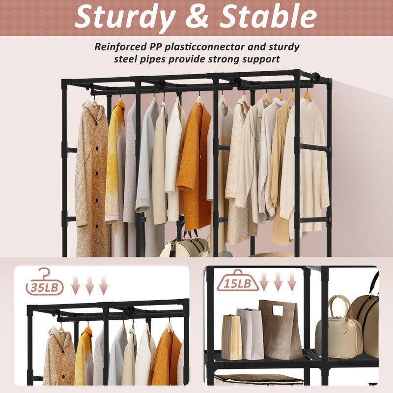 Jofuler Wardrobe Closet, Quick and Easy Assembly, Black Large Capacity Portable Closet with 3 Hanging Rods 6 Storage Shelves and 8 Side Pockets, Clothes Rack with Cover, for Bedroom and Living Room - Image 4