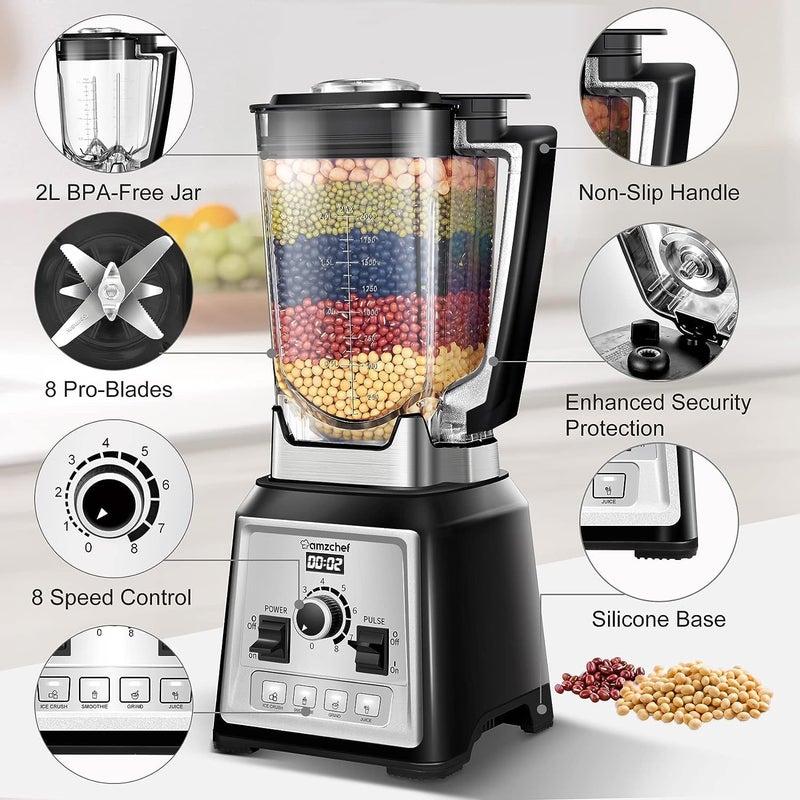 amzchef أمزشيف (AMZCHEF) خلاط لتحضير السموذي - خلاط تجاري بقوة 2000 واط، مزود بحاوية سعة 2 لتر خالية من مادة BPA - خلاط سريع السرعة بسرعة 25000 دورة في الدقيقة، مع تحكم في 8 سرعات مختلفة، مناسب للاستخدام في المطبخ - يحتوي على 4 إعدادات مسبقة لتحضير الثلج/العصير/السموذي/المكسرات. - Image 2