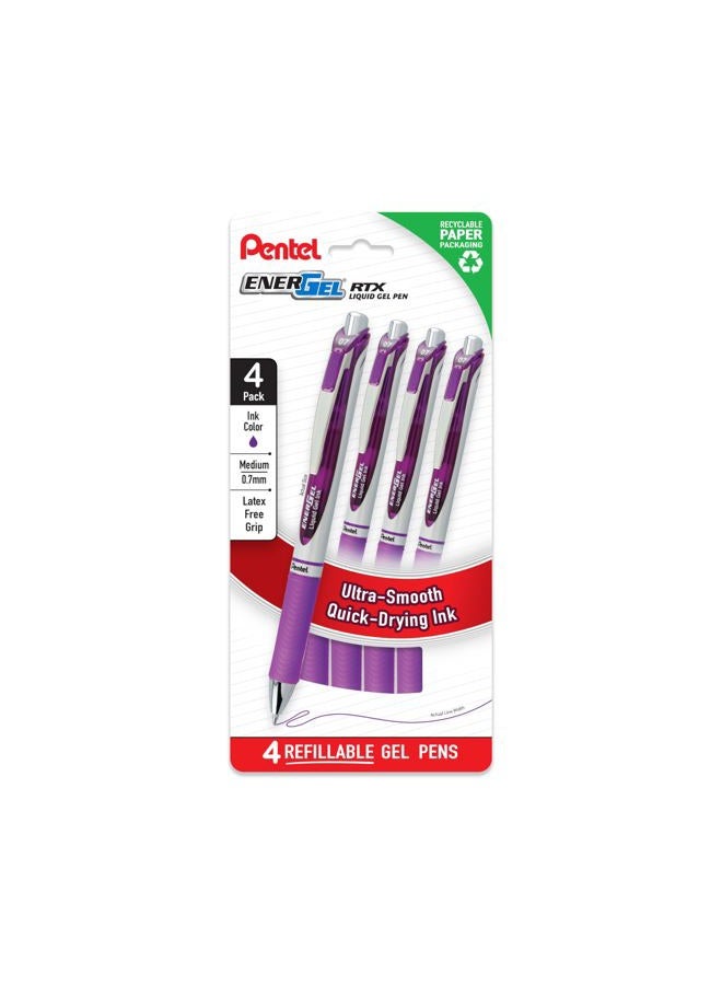 Pentel أقلام جل سائلة EnerGel RTX، متوسطة (0.7 مم)، بنفسجي، خالية من البلاستيك 4-pack (BL77PF4V) - Image 1