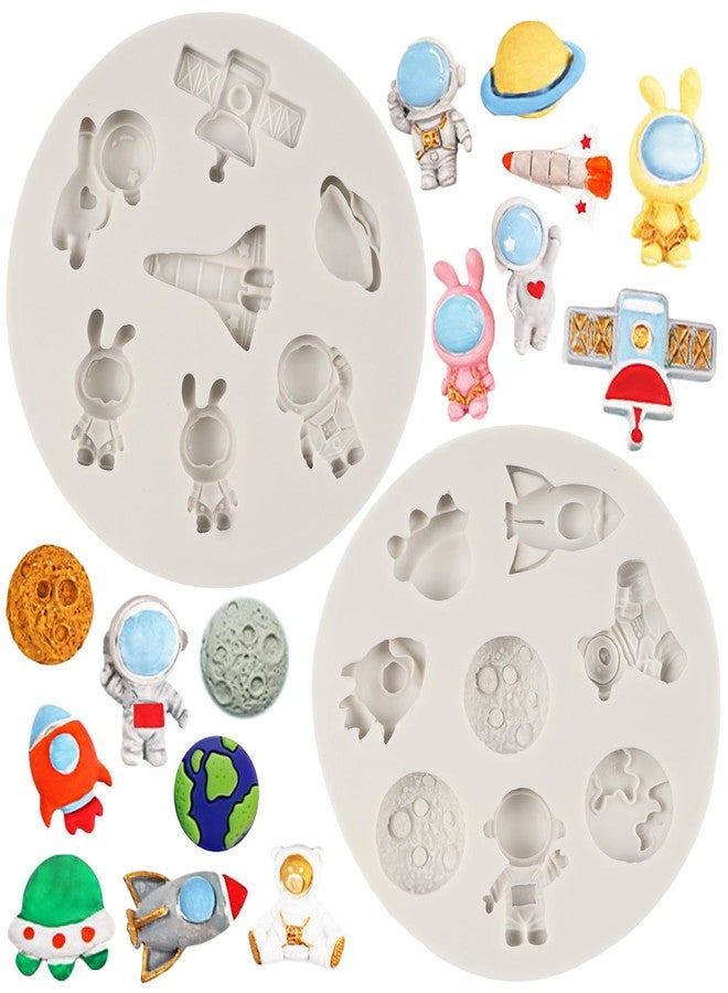 FCKEMLDS Astronaut Fondant Molds Rocket Planet Silicone Mold For Space Themed Party Cake Decoration Baby Shower Cupcake Topper Chocolate Candy Polymer Clay Gum Paste Set Of 2 - Image 1