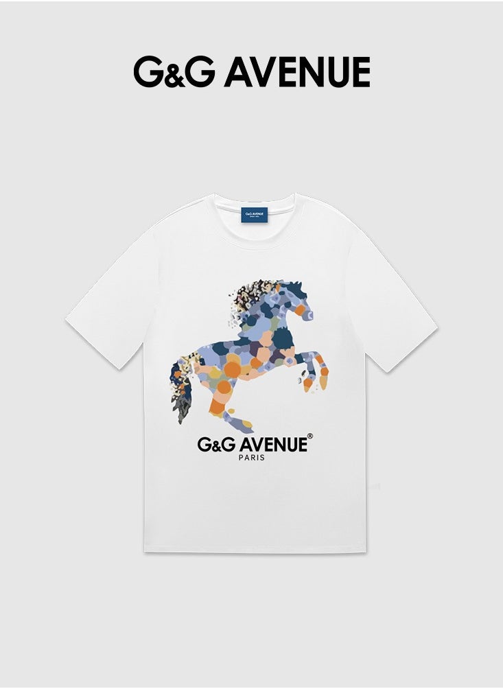 G&G AVENUE - Heavy cotton fabric Summer pure cotton short sleeved unisex T-shirt, Oversized and fashionable couple, colored horse bottomed shirt - Image 1