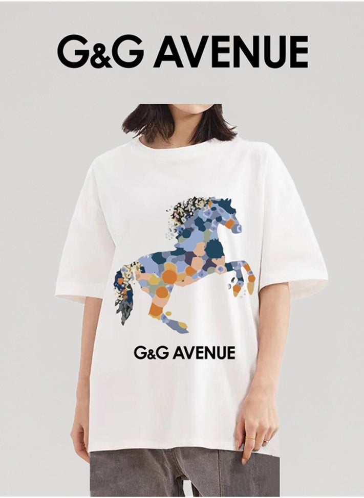 G&G AVENUE - Heavy cotton fabric Summer pure cotton short sleeved unisex T-shirt, Oversized and fashionable couple, colored horse bottomed shirt - Image 1