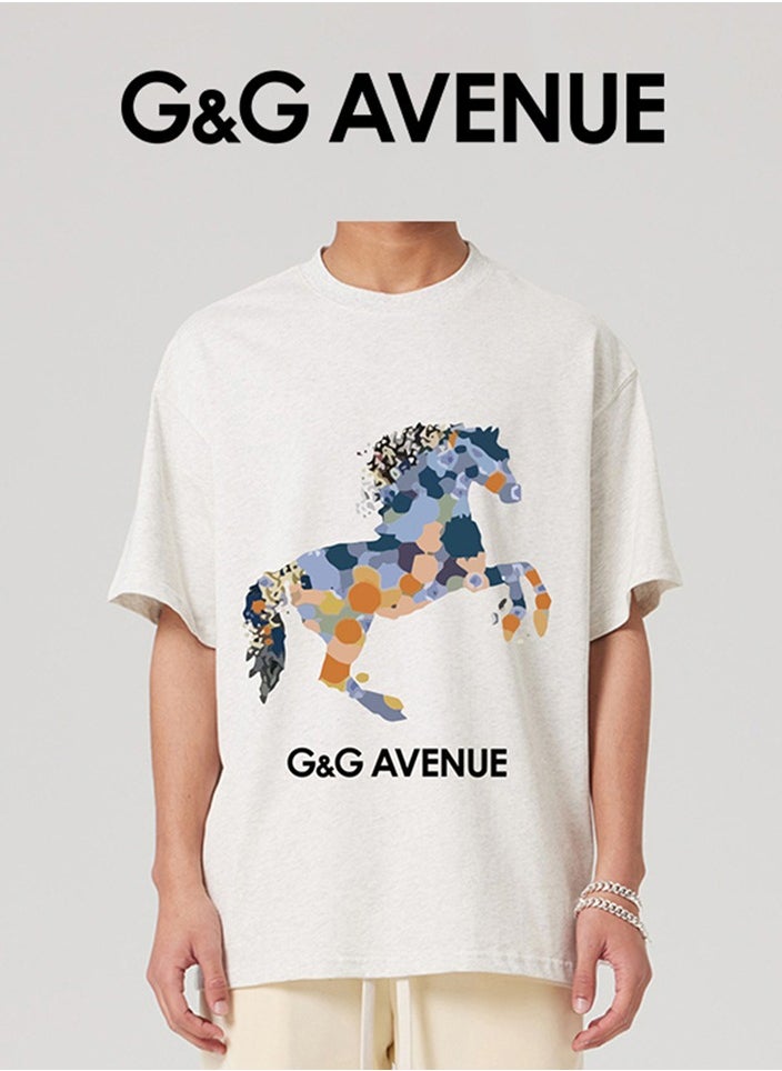 G&G AVENUE - Heavy cotton fabric Summer pure cotton short sleeved unisex T-shirt, Oversized and fashionable couple, colored horse bottomed shirt - Image 1