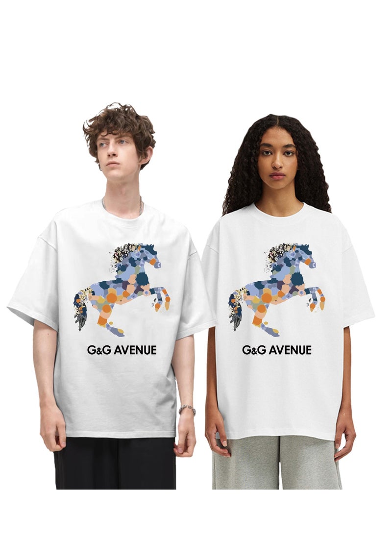 G&G AVENUE - Heavy cotton fabric Summer pure cotton short sleeved unisex T-shirt, Oversized and fashionable couple, colored horse bottomed shirt - Image 1