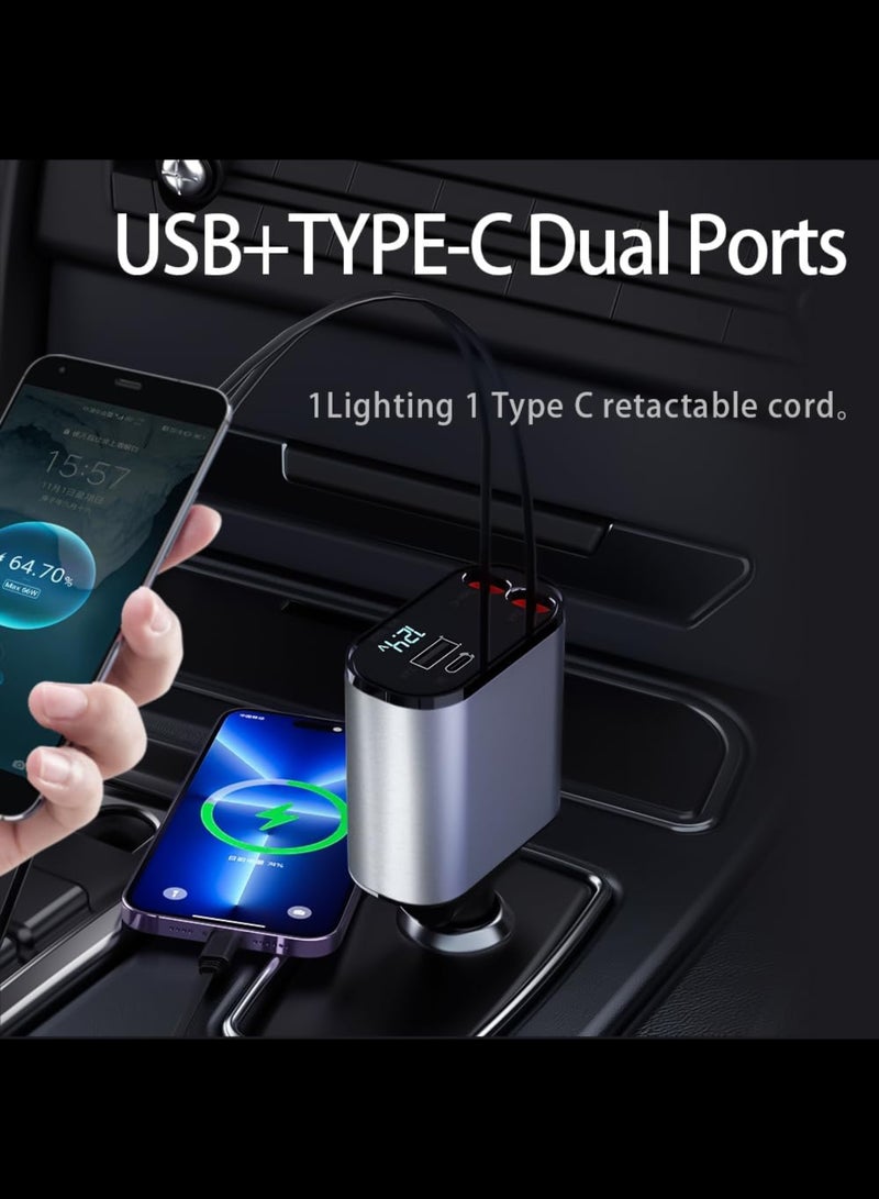 DUSALA Car Charger 66W Retractable, 4-in-1 Fast Car Phone Charger with Retractable Cables & USB, Compatible with iPhone 15/14/13/12/11, Galaxy (1 Lightning, 1 Type-C) - Image 4