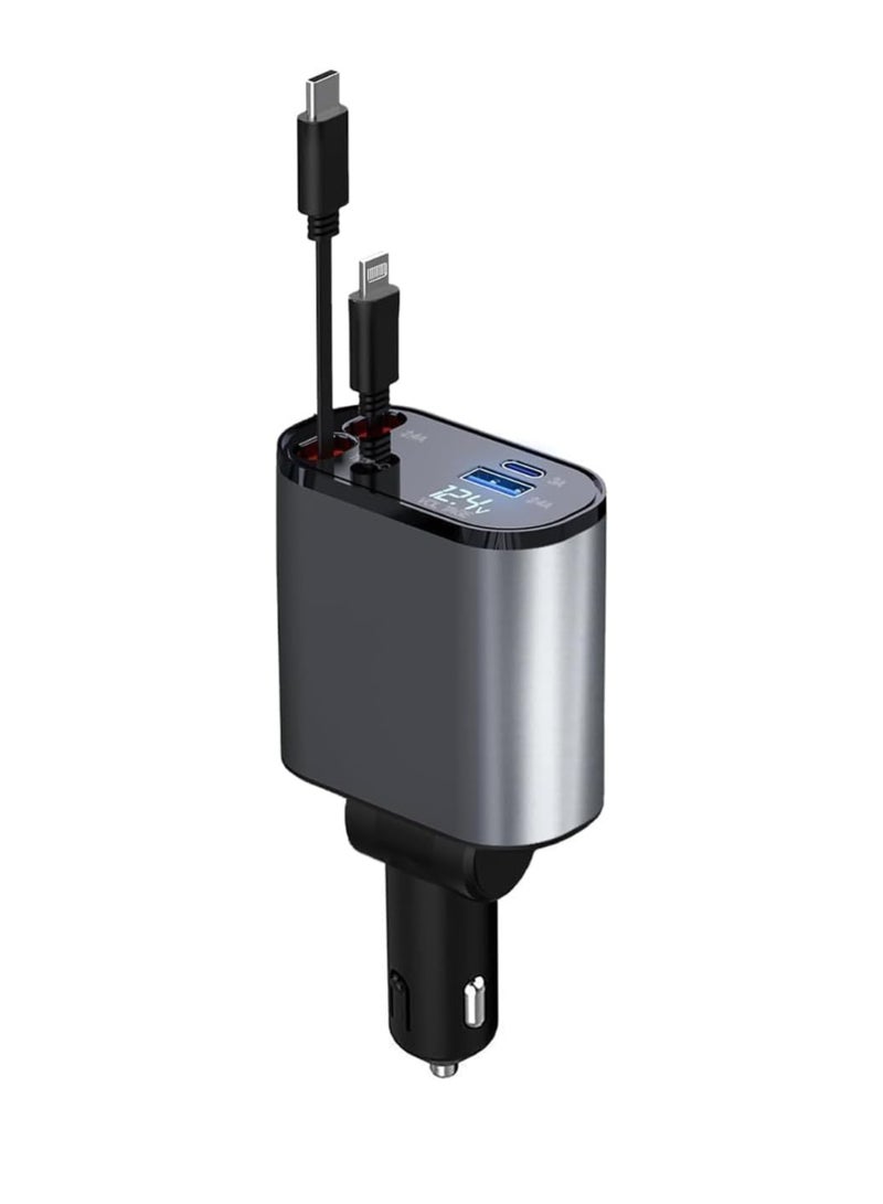 DUSALA Car Charger 66W Retractable, 4-in-1 Fast Car Phone Charger with Retractable Cables & USB, Compatible with iPhone 15/14/13/12/11, Galaxy (1 Lightning, 1 Type-C) - Image 1