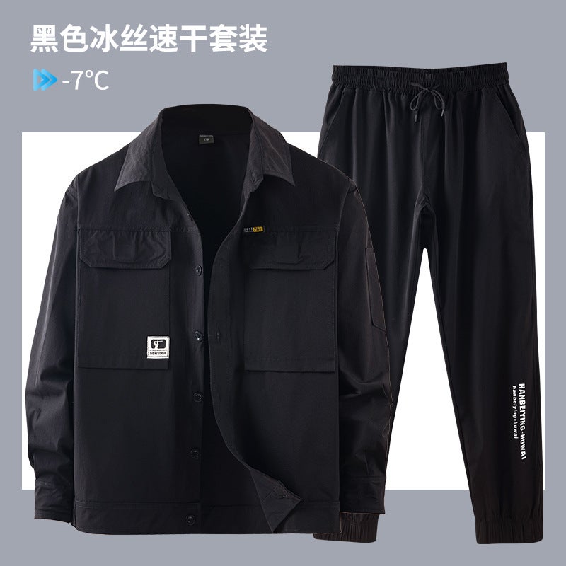 Summer Ice Silk Quick-drying Elastic Work Clothes Mens Casual Outdoor Workshop Breathable Lightweight Wear-resistant Work Clothing Black 
