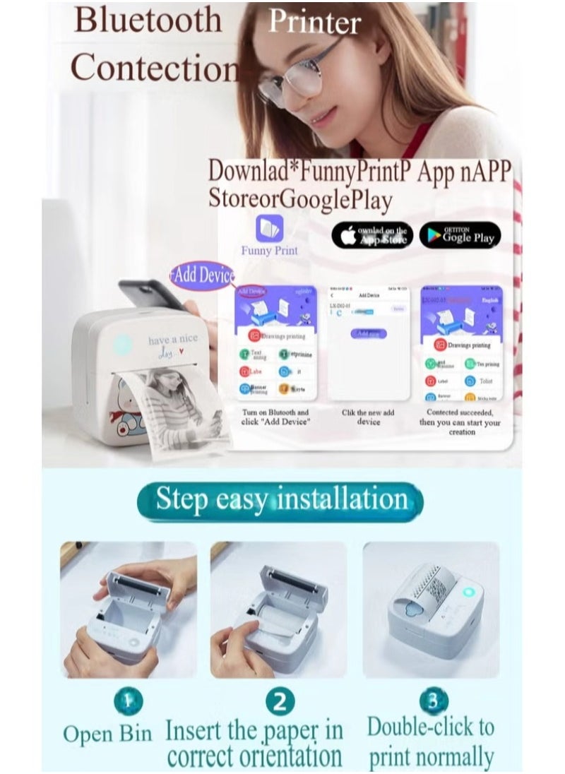 Portable Striped Wireless Printer, Mini Pocket Bluetooth Thermal Printer with 5 Rolls of Thermal Paper, Label and Photo Printer, Sticker Maker, Suitable for Office Organization, Home Kitchen, and School. Compatible with Android and iOS Smartphones, Can Print Labels, Receipts, Photos, Notes, and Memos