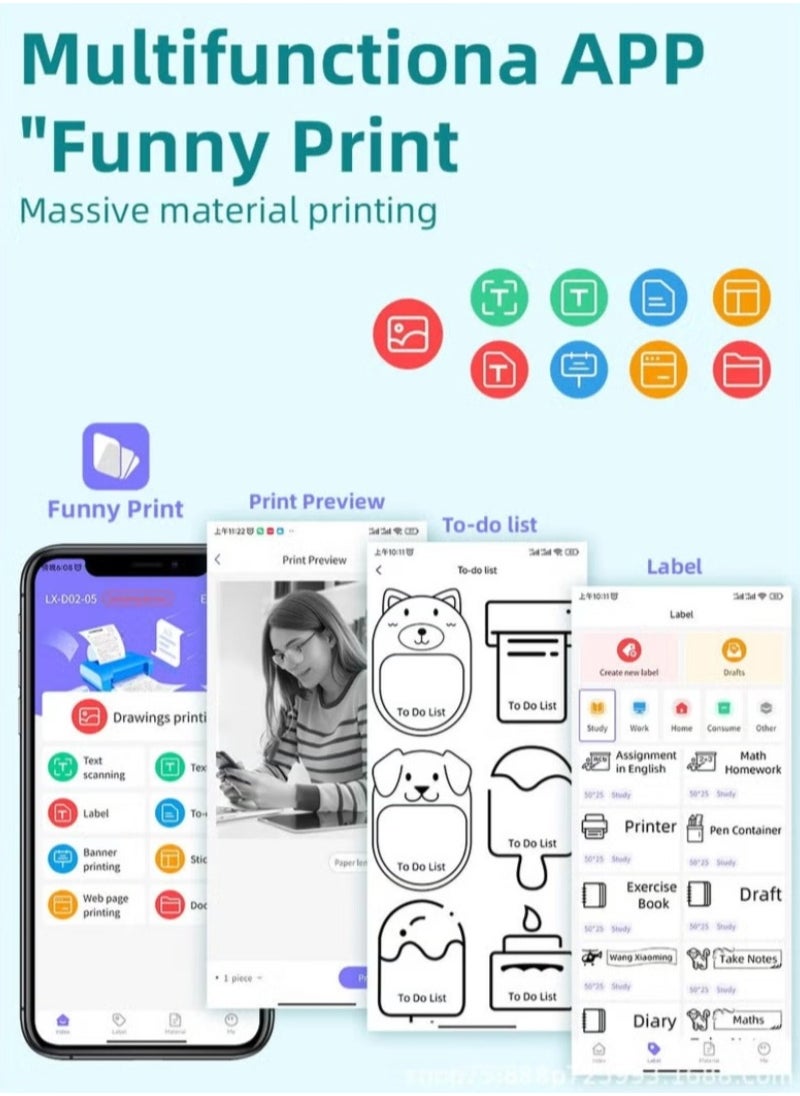 Portable Striped Wireless Printer, Mini Pocket Bluetooth Thermal Printer with 5 Rolls of Thermal Paper, Label and Photo Printer, Sticker Maker, Suitable for Office Organization, Home Kitchen, and School. Compatible with Android and iOS Smartphones, Can Print Labels, Receipts, Photos, Notes, and Memos