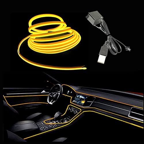 Maxlaxer El Wire Yellow Interior Car LED Strip Lights, 3M Neon Wire USB 5V with Fuse Protection for Automotive Interior Decoration, with 6mm Sewing Edge - Image 1