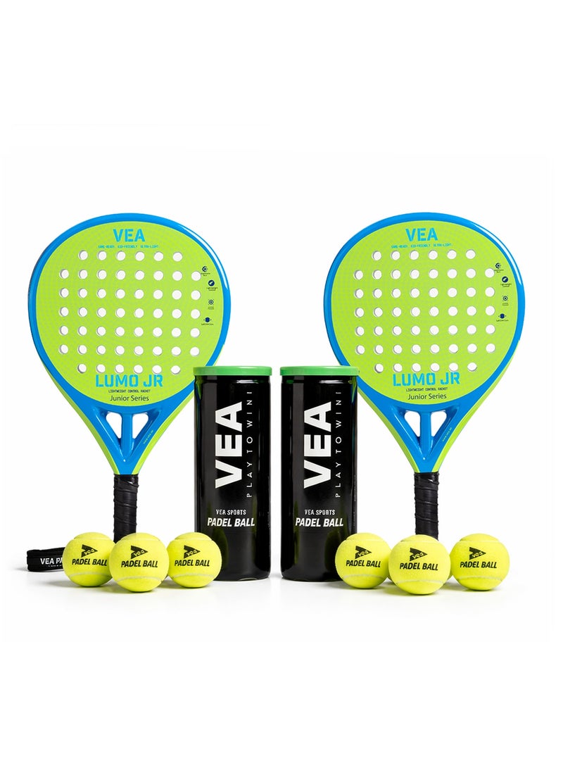 VEA LUMO JR Kids Padel Racket Set – Neo Green | 2 Junior Rackets + 2 Covers + 2 Ball Tubes | Lightweight 320g | Beginner Friendly | Ages 6–12 - Image 1