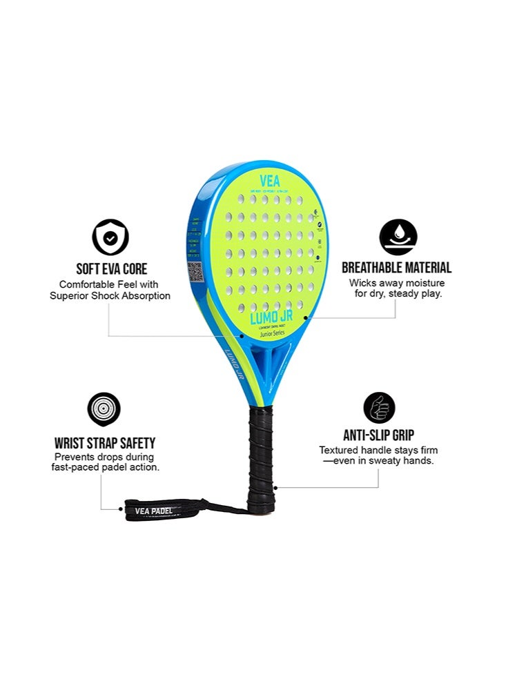VEA LUMO JR Kids Padel Racket Set – Neo Green | 2 Junior Rackets + 2 Covers + 2 Ball Tubes | Lightweight 320g | Beginner Friendly | Ages 6–12 - Image 2