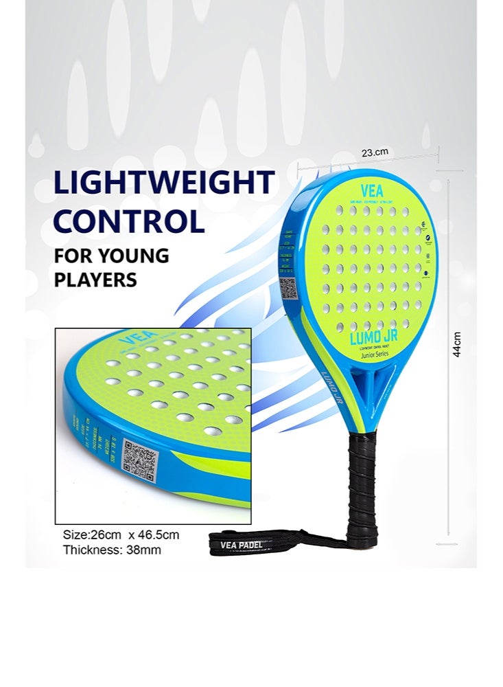 VEA LUMO JR Kids Padel Racket Set – Neo Green | 2 Junior Rackets + 2 Covers + 2 Ball Tubes | Lightweight 320g | Beginner Friendly | Ages 6–12 - Image 3