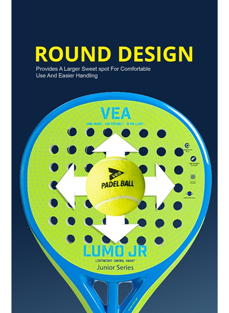 VEA LUMO JR Kids Padel Racket Set – Neo Green | 2 Junior Rackets + 2 Covers + 2 Ball Tubes | Lightweight 320g | Beginner Friendly | Ages 6–12 - Image 4