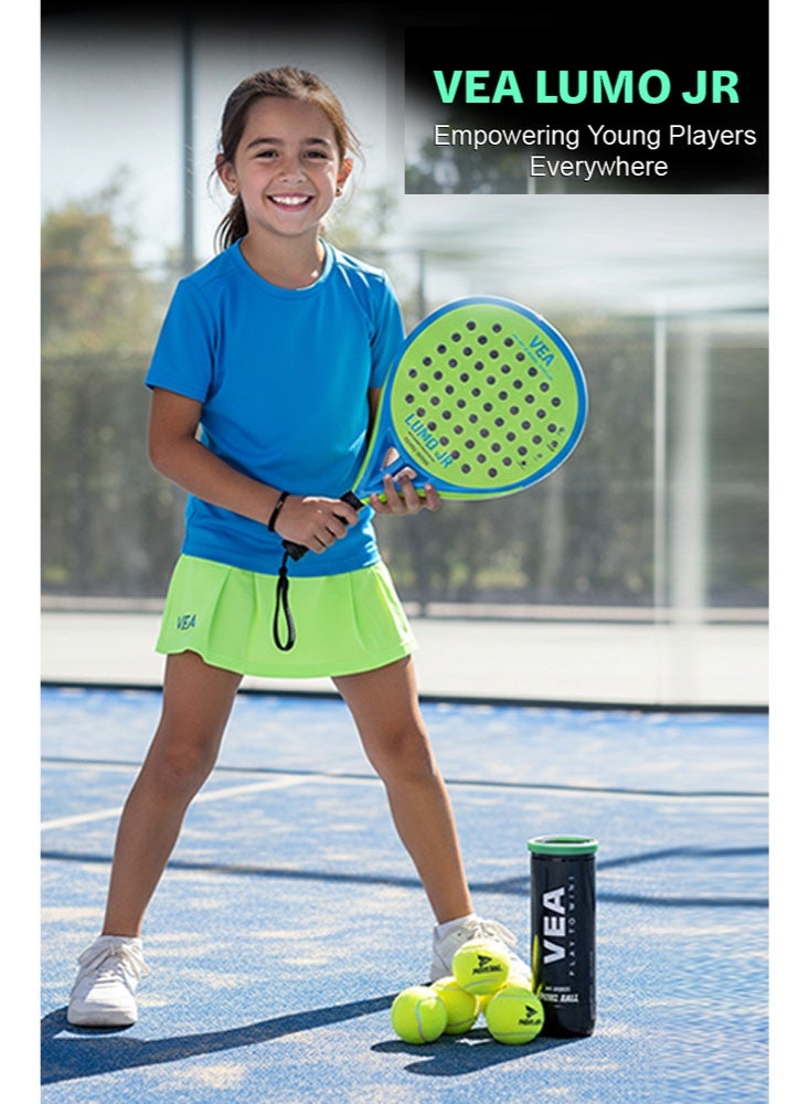 VEA LUMO JR Kids Padel Racket Set – Neo Green | 2 Junior Rackets + 2 Covers + 2 Ball Tubes | Lightweight 320g | Beginner Friendly | Ages 6–12 - Image 5