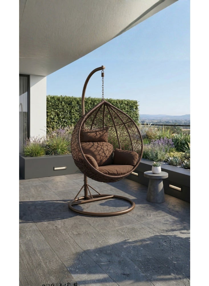 Karnak Samaira Hanging Swing Chair Wicker Egg Chair with Stand Outdoor Balcony Garden Furniture (Brown) - Image 1