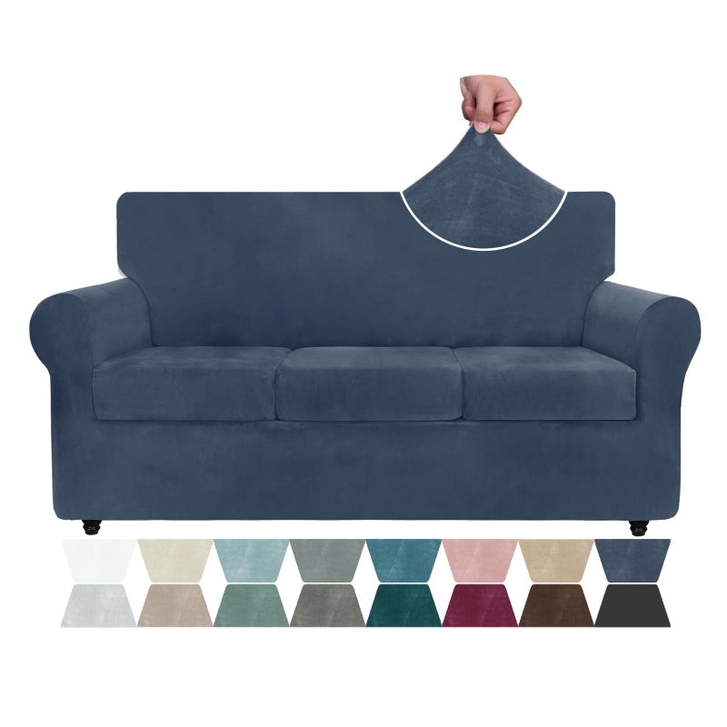 ZNSAYOTX ZNSAYOTX Luxury Velvet Couch Cover 4 Piece 7292 Stretch Sofa Covers for 3 Cushion Couch Thick Soft Sofa Slipcover with Non Slip Strap Dog Pet Friendly Nice Furniture Protector Navy Blue 