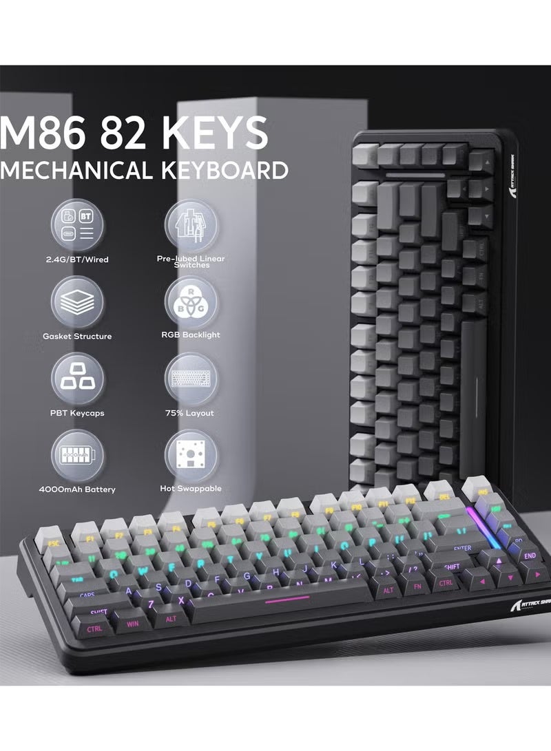 Attack Shark M86 83 Keys Wireless Mechanical Keyboard, 75% Gasket Hot Swappable Custom Keyboard, Side Printed PBT Keycaps, RGB Backlit, Pre-lubed Switches, BT/2.4GHz/ Wired Mechanical Gaming Keyboard - Image 3