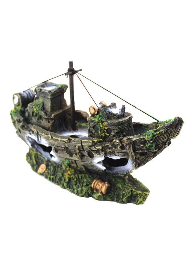 NIBEMINENT Boat Ship Shaped Aquarium Ornament Green/Beige/Black 26x6x10cm  - Image 1