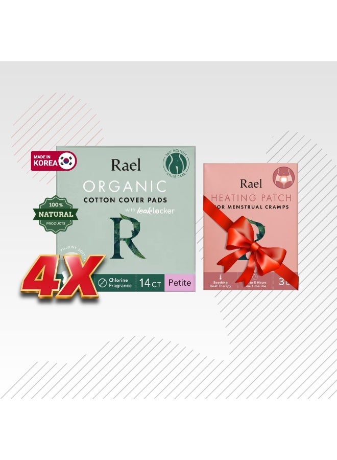 Rael 4 Packs Small Organic Cotton Sanitary Pads (56 Pieces) + Free Menstrual Cramp Relief Heating Patch Pack (5 Pieces) - Image 1